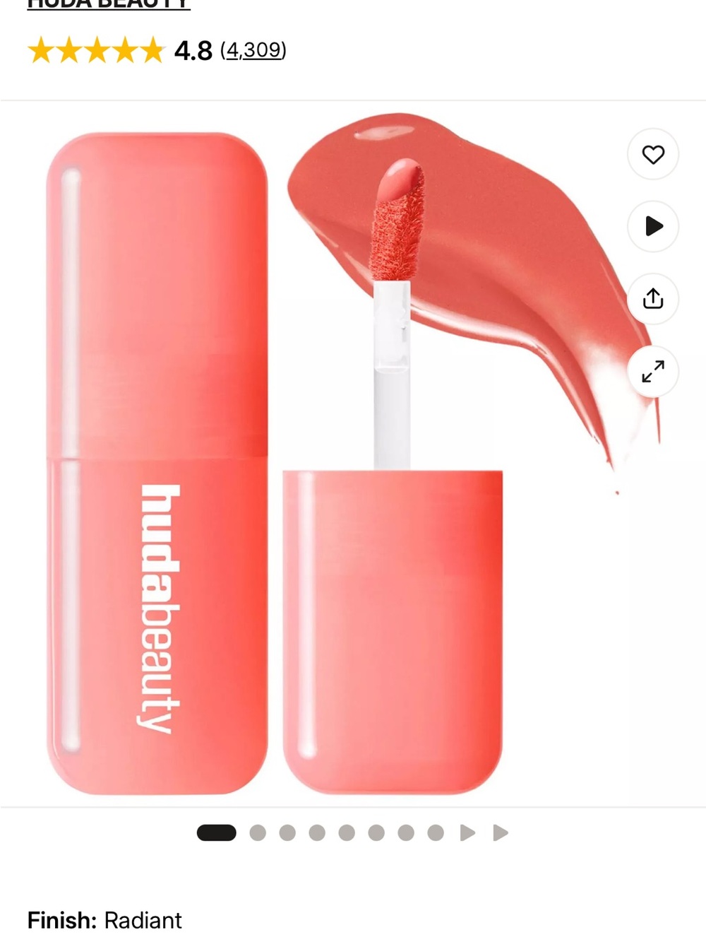 HUDA BEAUTY Radiant Coral Glossy Lip Tint - Sunset Lychee